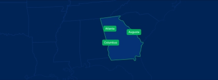 Display the Georgia state on the map with highlighted cities – Atlanta, Augusta and Columbus.
