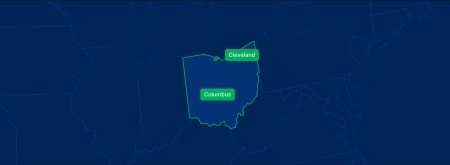 Display the Ohio state on the map with highlighted cities – Columbus and Cleveland.