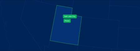 Display the Utah state on the map with highlighted cities – Salt Lake City and Provo.