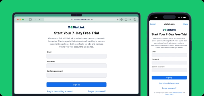 Free trial sign-up for DialLink