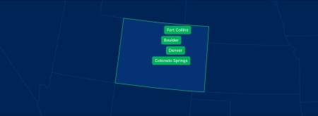 Display the Colorado state on the map with highlighted cities – Denver, Colorado Springs, Boulder and Fort Collins.