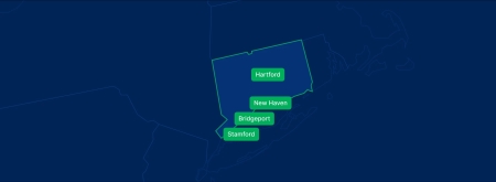Display the Connecticut state on the map with highlighted cities – Bridgeport, New Haven, Stamford and Hartford.