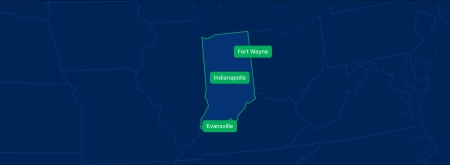 Display the Indiana state on the map with highlighted cities – Indianapolis, Fort Wayne and Evansville.