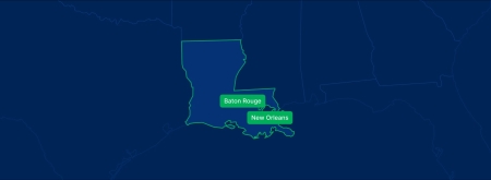 Display the Louisiana state on the map with highlighted cities – New Orleans and Baton Rouge.