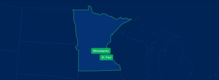 Display the Minnesota state on the map with highlighted cities – Minneapolis, St. Paul and Duluth.