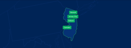 Display the New Jersey state on the map with highlighted cities – Newark, Jersey City, Edison, Camden.