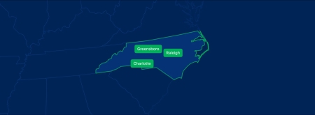Display the North Carolina state on the map with highlighted cities – Charlotte, Raleigh and Greensboro.