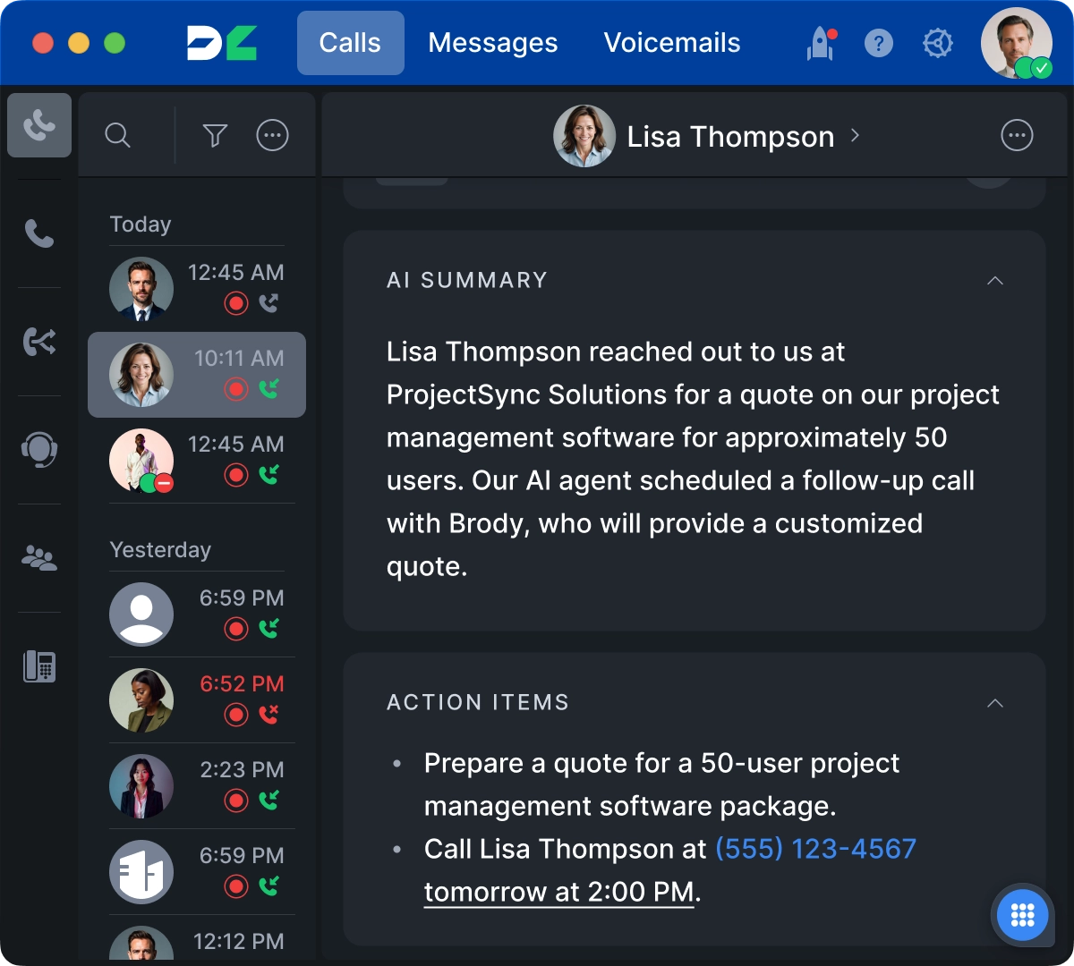 AI summary actions in DialLink