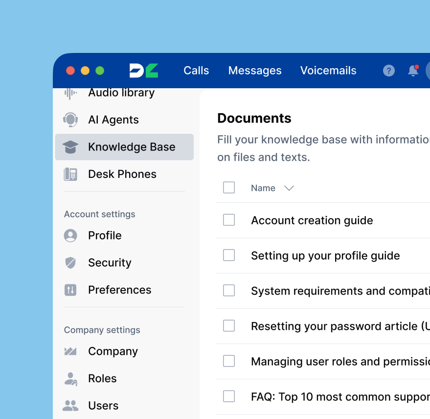 Add files to knowledge base for AI voice agents