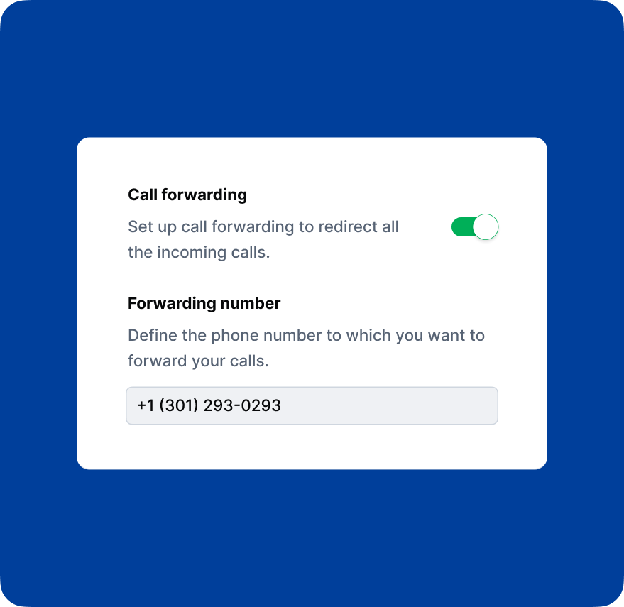 Call forwarding interface with forwarding number set to +1 301 293 0293