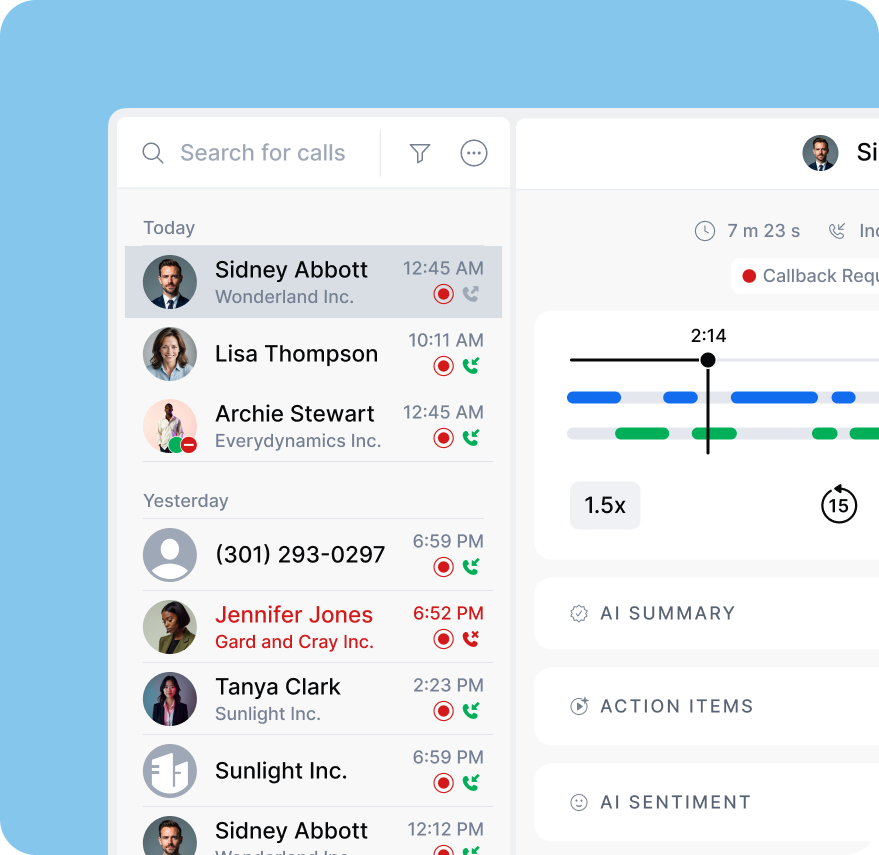 Call history with detailed contact information showing Sidney Abbott incoming call