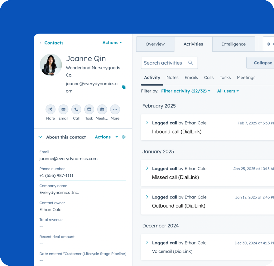CRM interface showing call activity history with incoming, missed, and outgoing calls