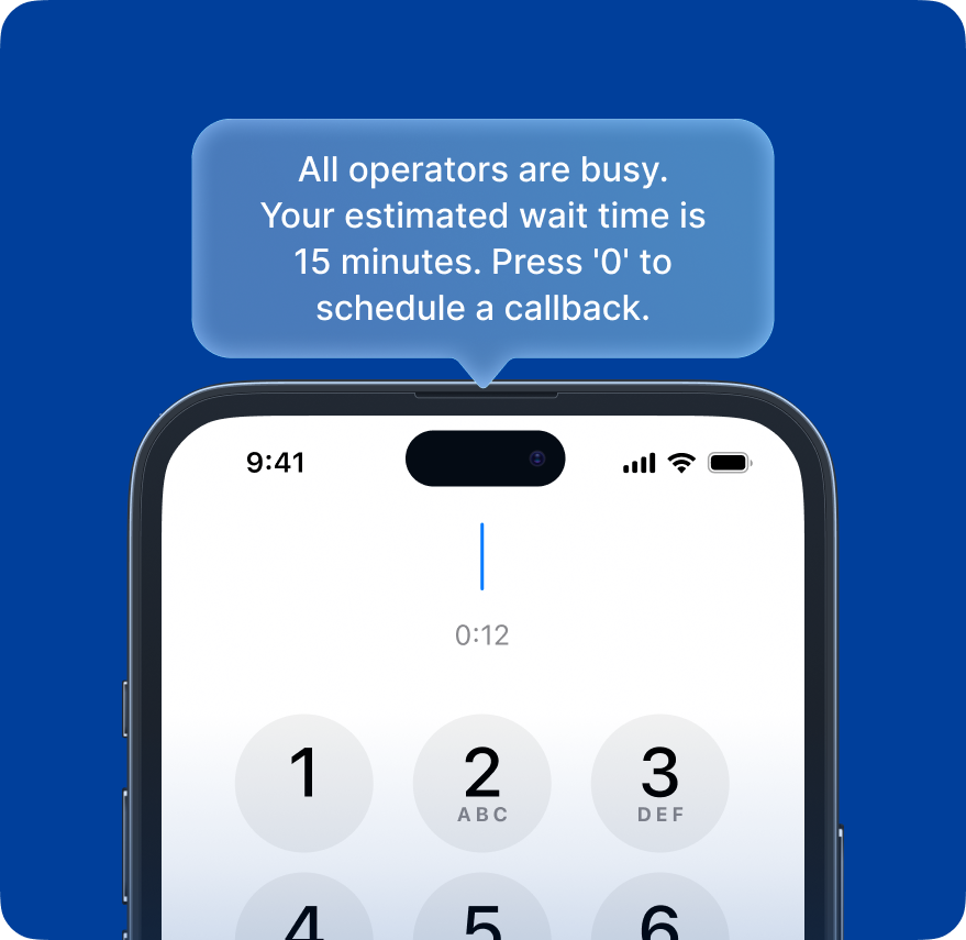 Call queue interface showing estimated wait time and callback scheduling option