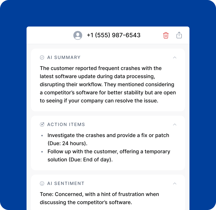 AI call summary showing customer issue analysis with sentiment and action items