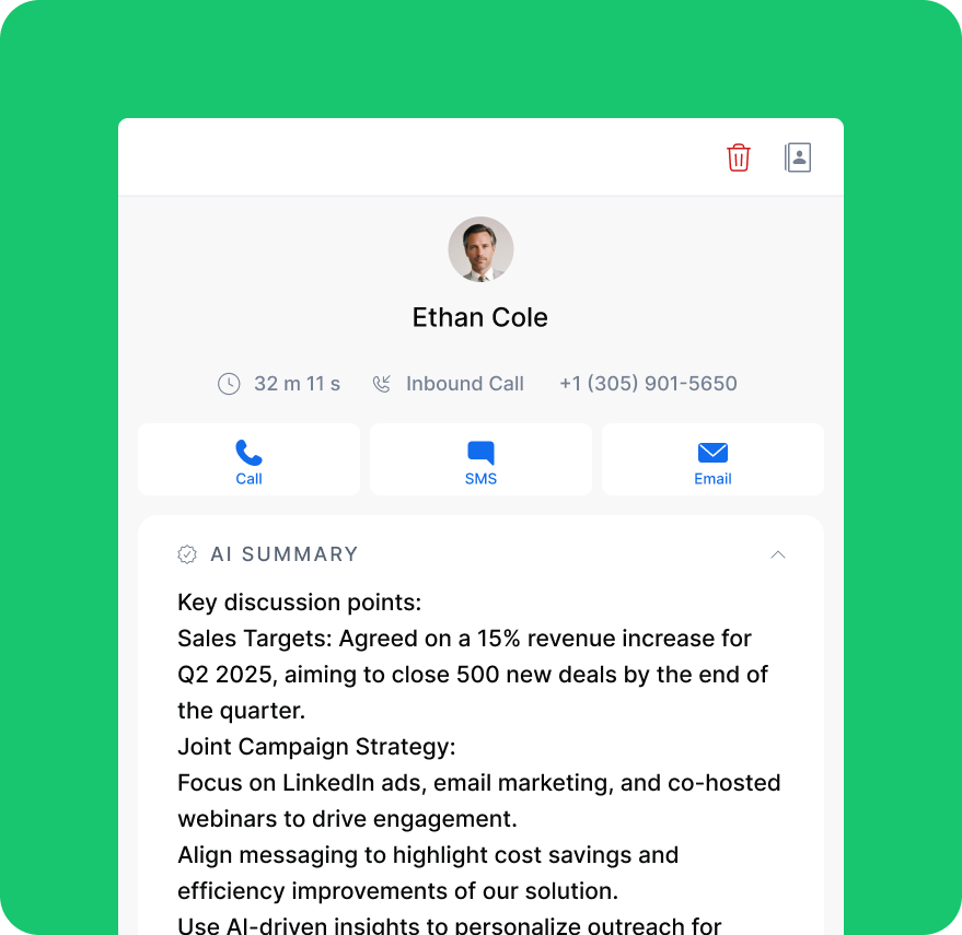 AI call summary showing key discussion points, campaign strategy, and action items