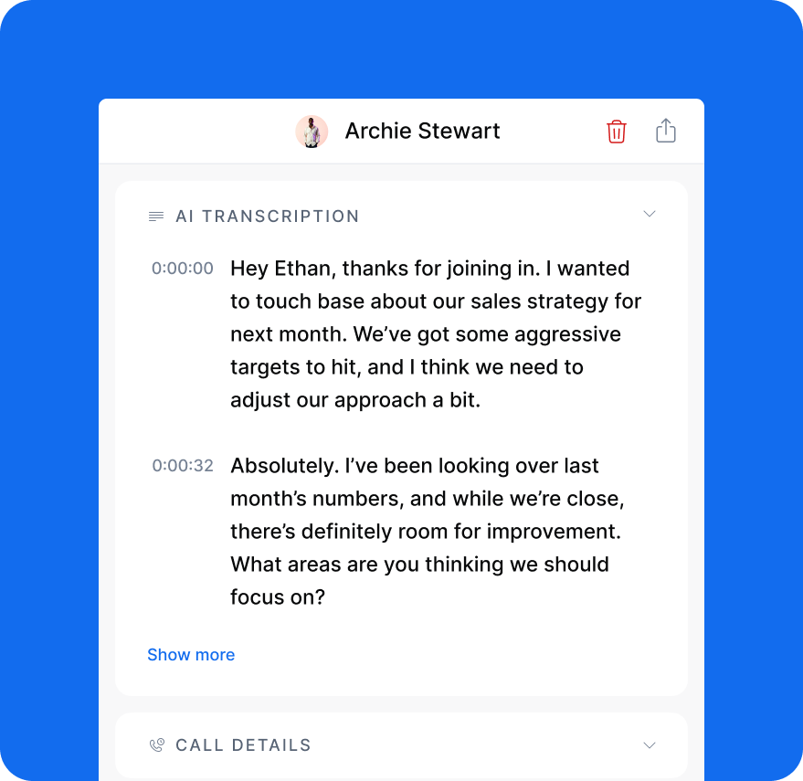 Call recording playback interface for training and performance monitoring