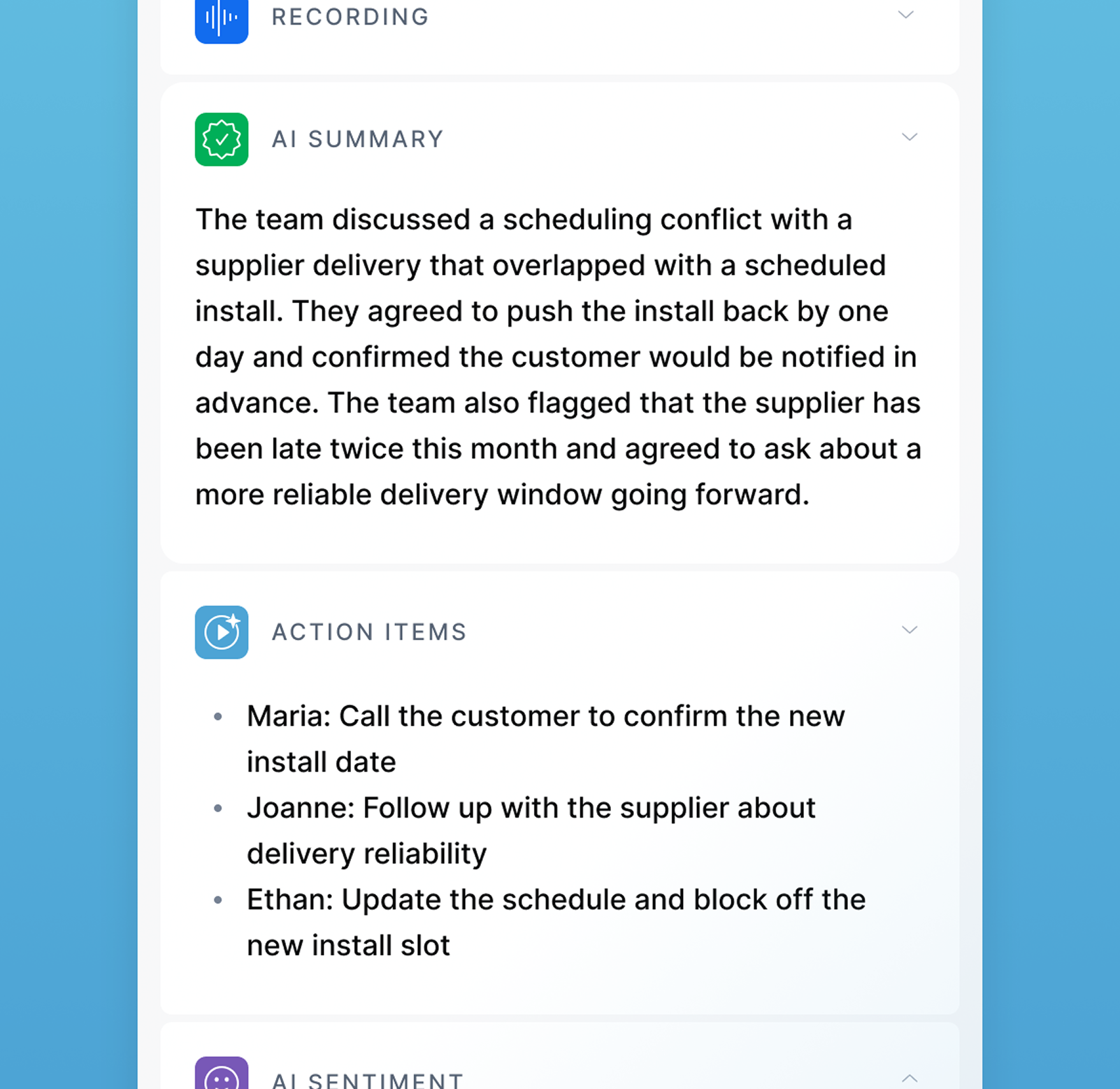 AI-generated summary and action items for a conference call