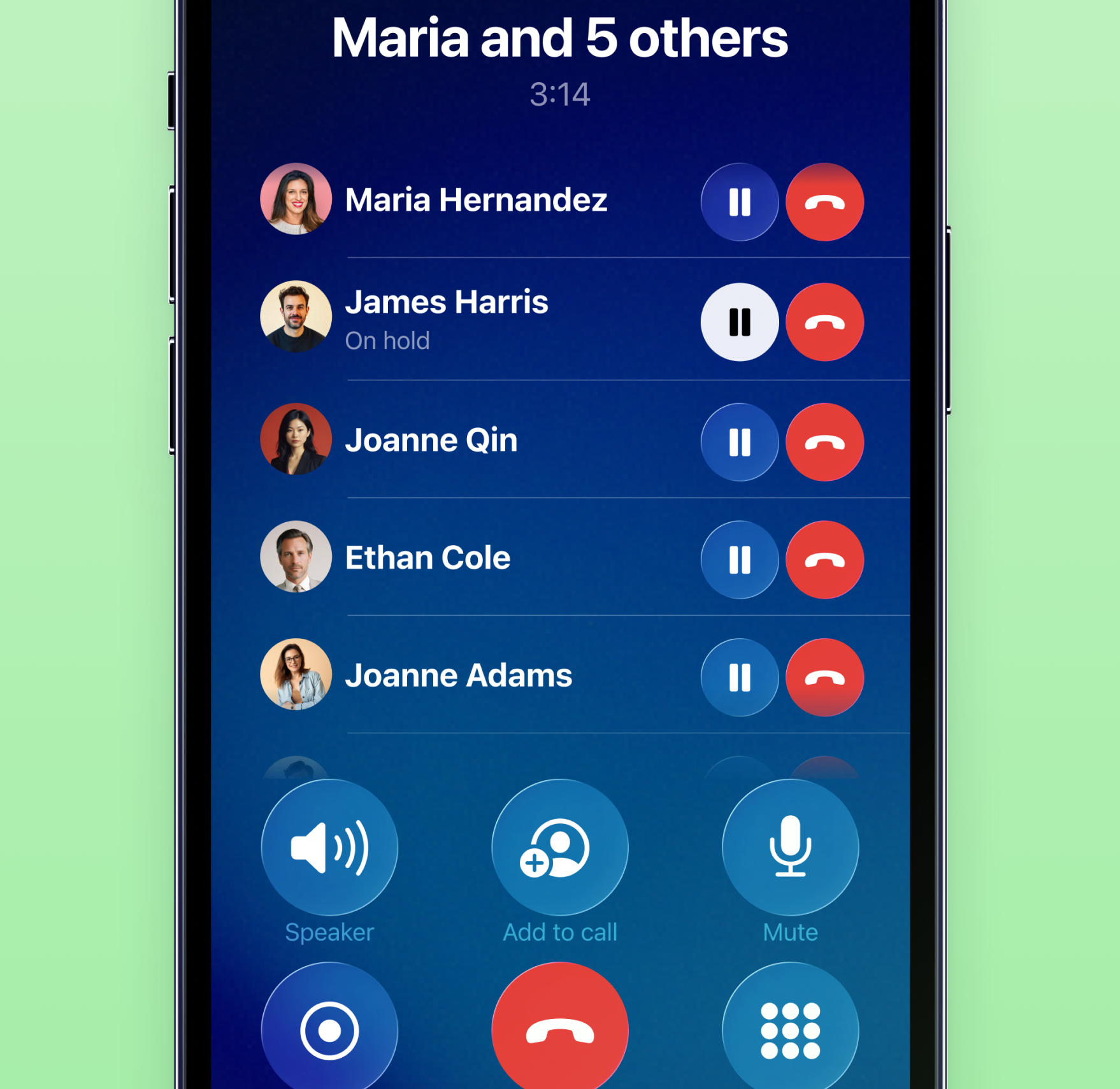 Mobile interface showing an active conference call