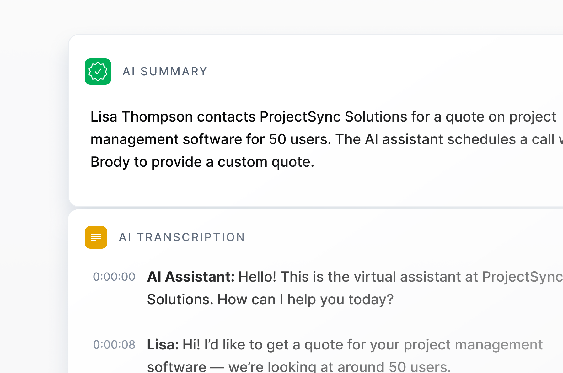 Transcripts and Summaries for Every Call image