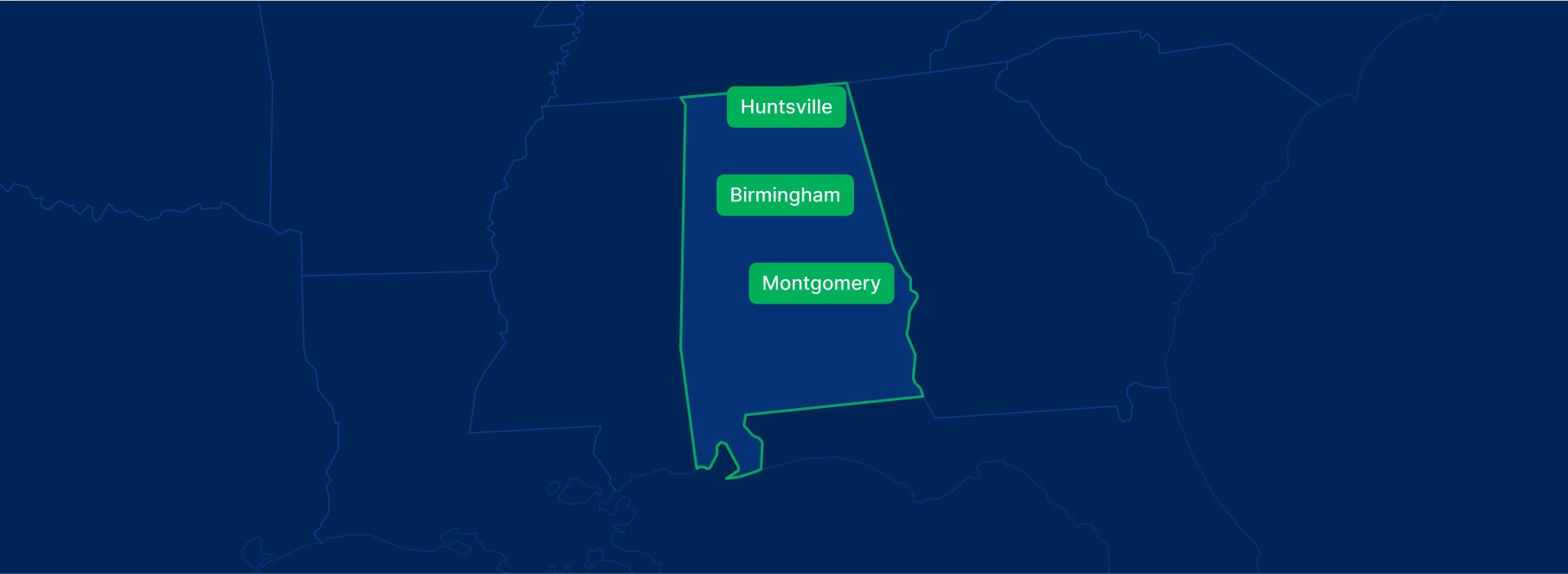 Display the Alabama state on the map with highlighted cities – Birmingham, Montgomery and Huntsville.