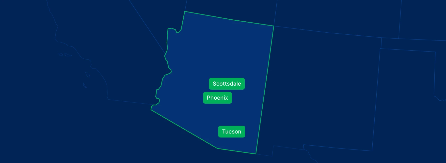 Display the Arizona state on the map with highlighted cities – Phoenix, Tucson and Scottsdale.