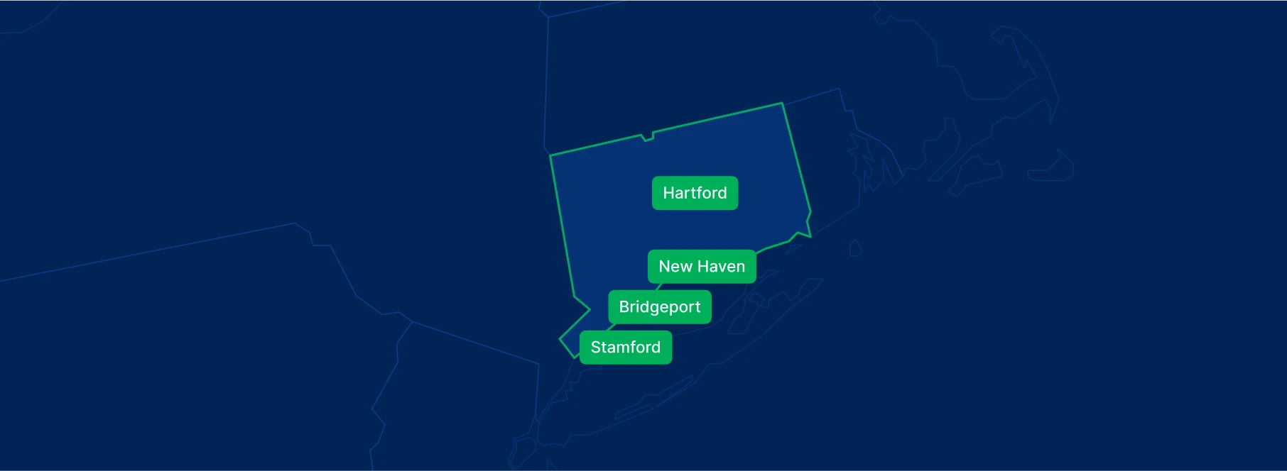 Display the Connecticut state on the map with highlighted cities – Bridgeport, New Haven, Stamford and Hartford.