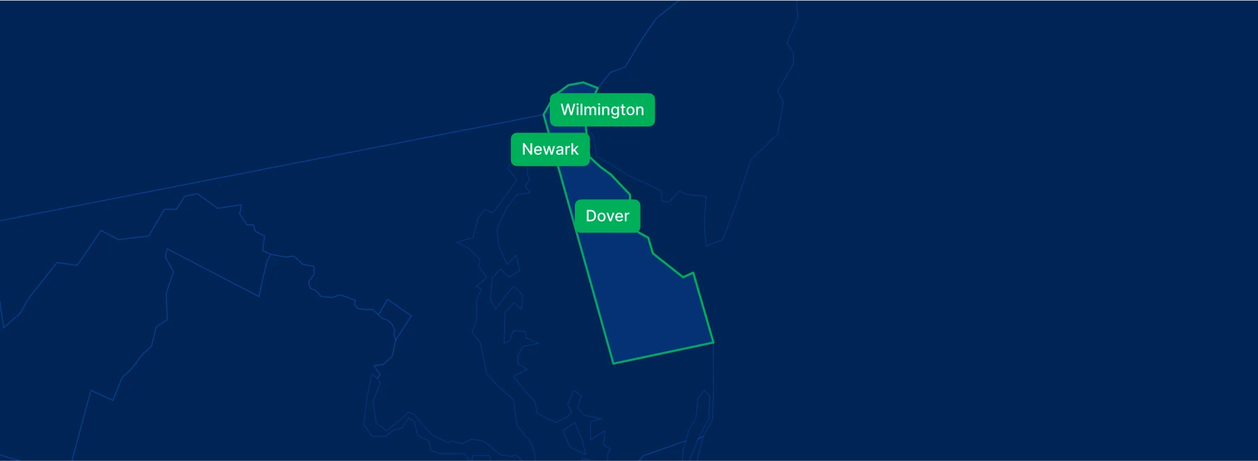 Display the Delaware state on the map with highlighted cities – Dover, Wilmington and Newark.