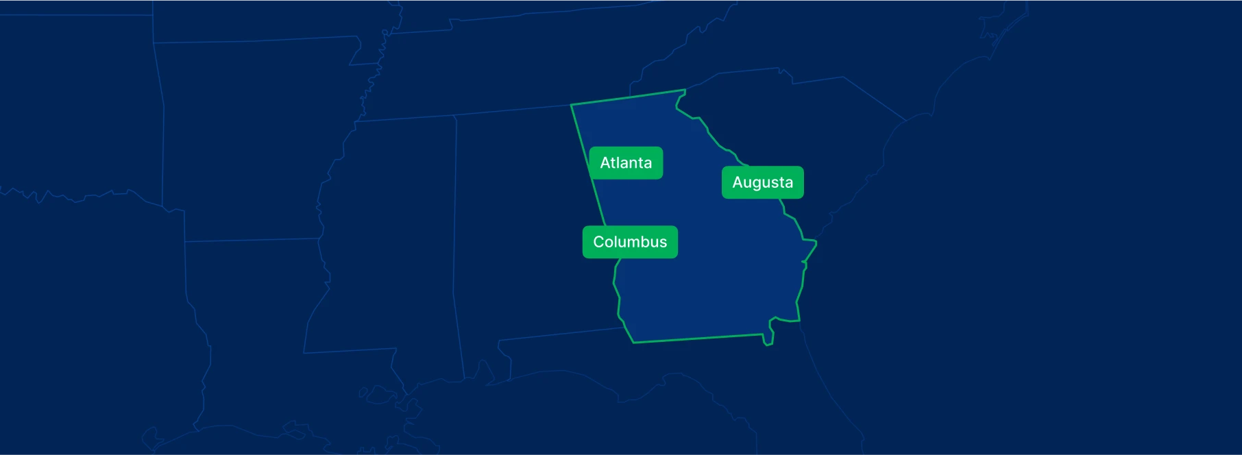 Display the Georgia state on the map with highlighted cities – Atlanta, Augusta and Columbus.
