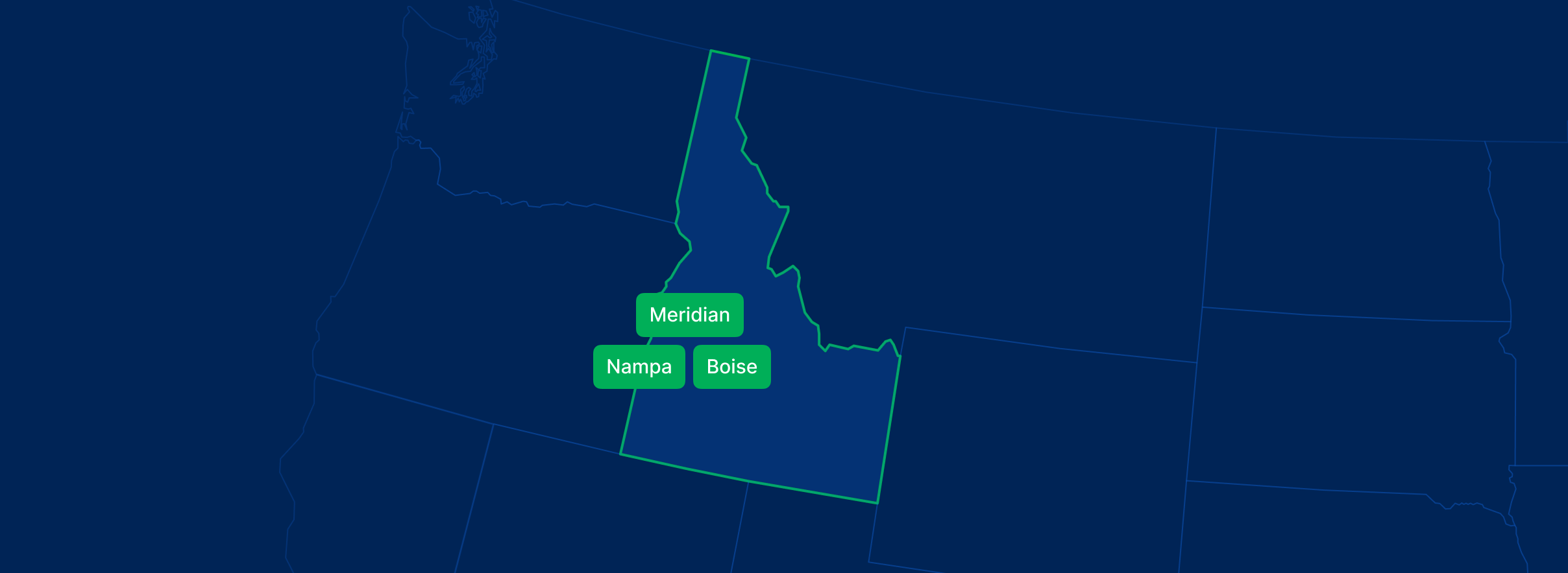 Display the Idaho state on the map with highlighted cities – Boise, Meridian, and Nampa.