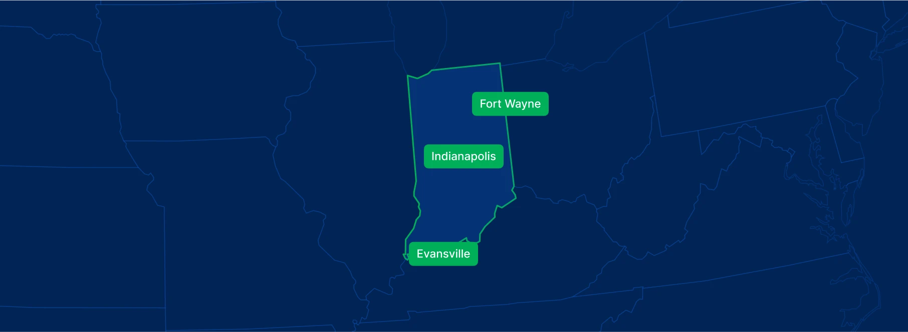 Display the Indiana state on the map with highlighted cities – Indianapolis, Fort Wayne and Evansville.