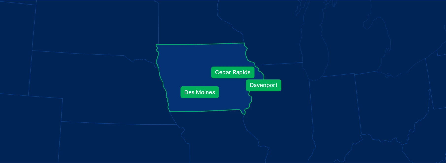 Display the Iowa state on the map with highlighted cities – Des Moines, Davenport and Cedar Rapids.