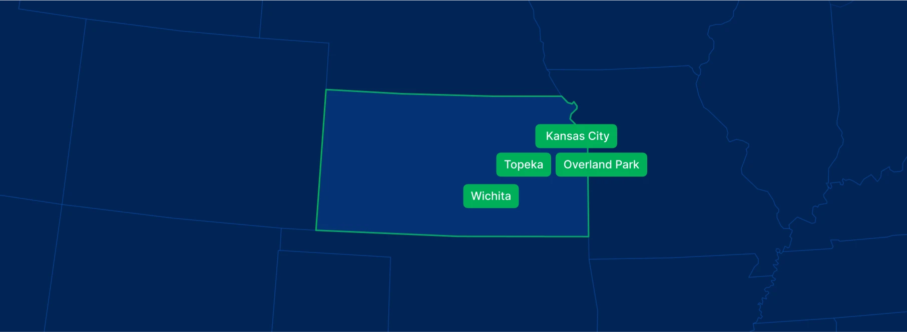 Display the Kansas state on the map with highlighted cities – Wichita, Overland Park, Kansas City and Topeka.