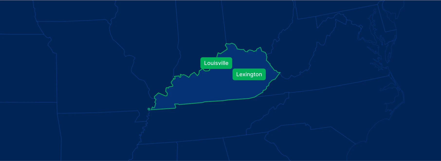 Display the Kentucky state on the map with highlighted cities – Louisville and Lexington.