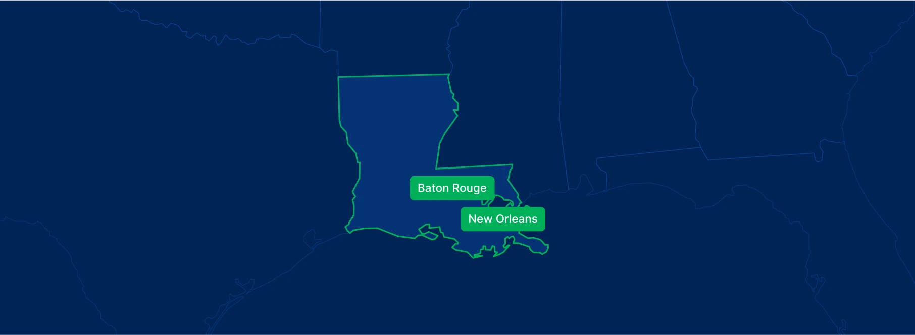 Display the Louisiana state on the map with highlighted cities – New Orleans and Baton Rouge.