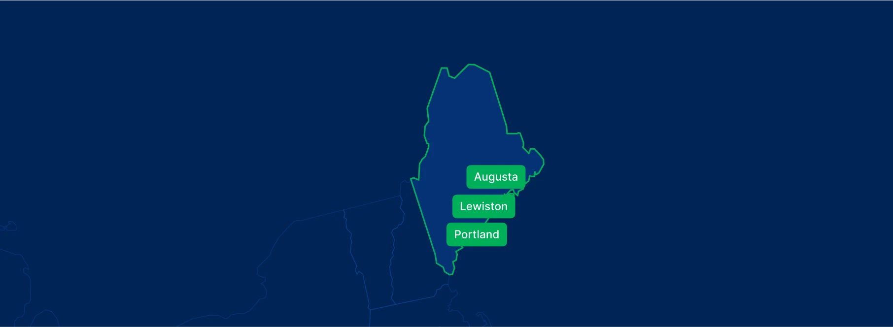 Display the Maine state on the map with highlighted cities – Portland, Augusta and Lewiston.