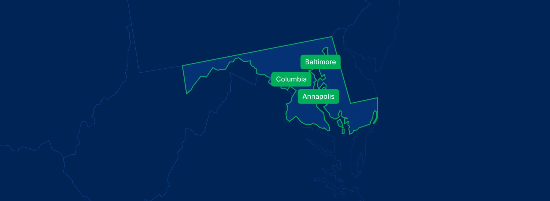 Display the Maryland state on the map with highlighted cities – Baltimore, Columbia and Annapolis.