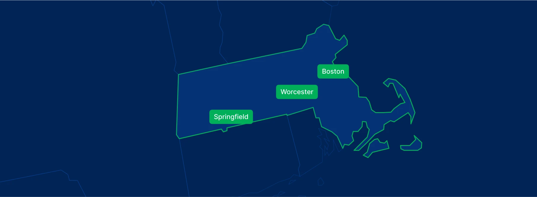 Display the Massachusetts state on the map with highlighted cities – Boston, Worcester and Springfield.