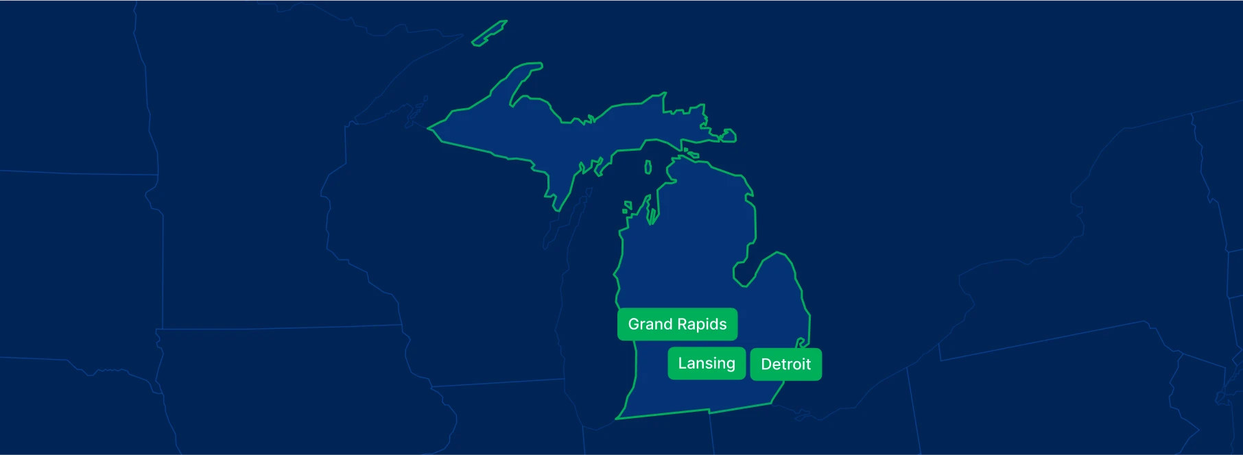 Display the Michigan state on the map with highlighted cities – Detroit, Grand Rapids and Lansing.