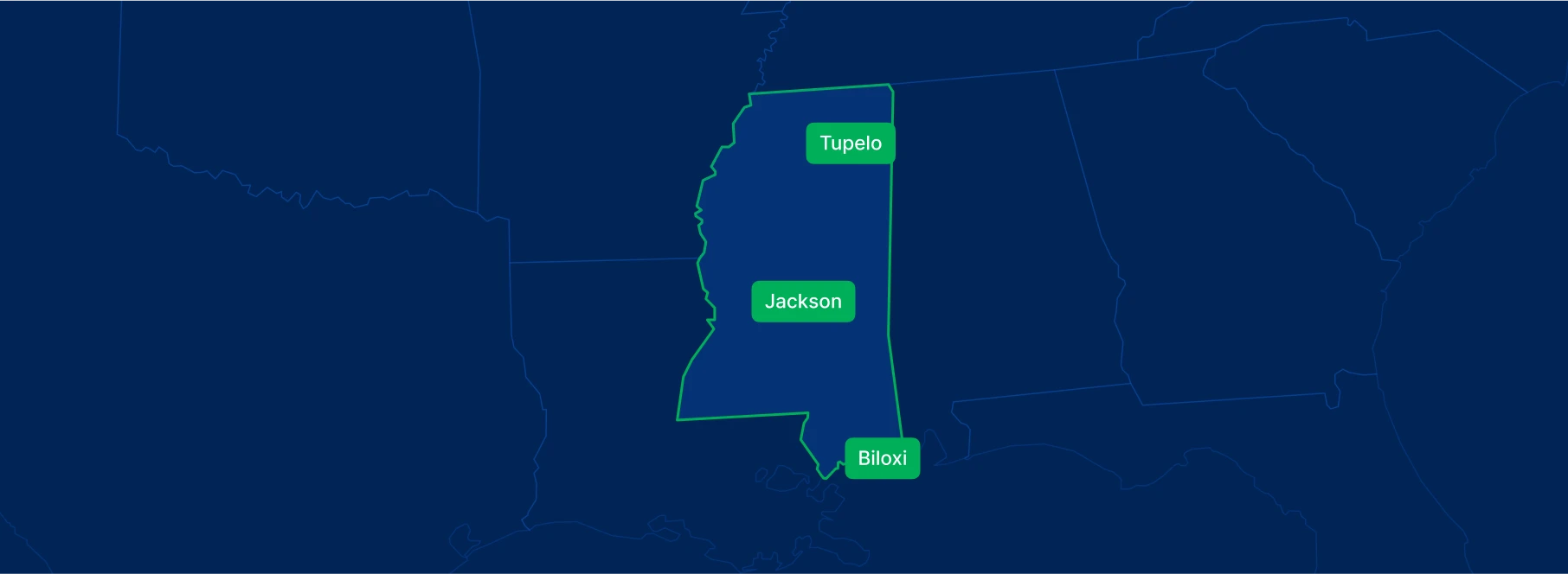 Display the Mississippi state on the map with highlighted cities – Jackson, Biloxi and Tupelo.