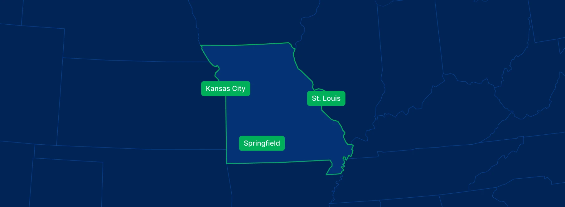 Display the Missouri state on the map with highlighted cities – Kansas City, Springfield and St. Louis.