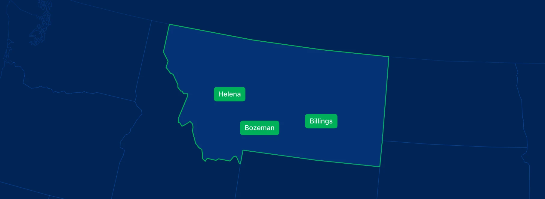Display the Montana state on the map with highlighted cities – Helena, Billings and Bozeman.