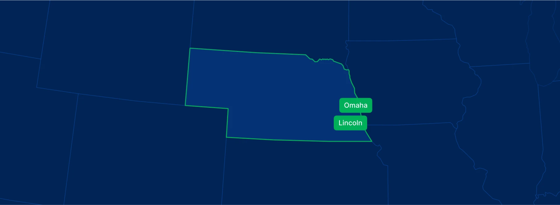 Display the Nebraska state on the map with highlighted cities – Omaha and Lincoln.