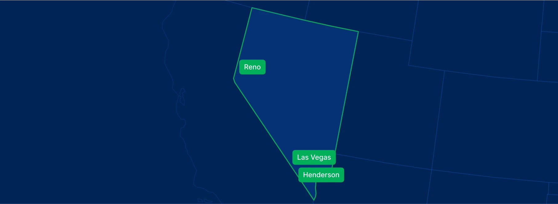 Display the Nevada state on the map with highlighted cities – Las Vegas, Henderson and Reno.