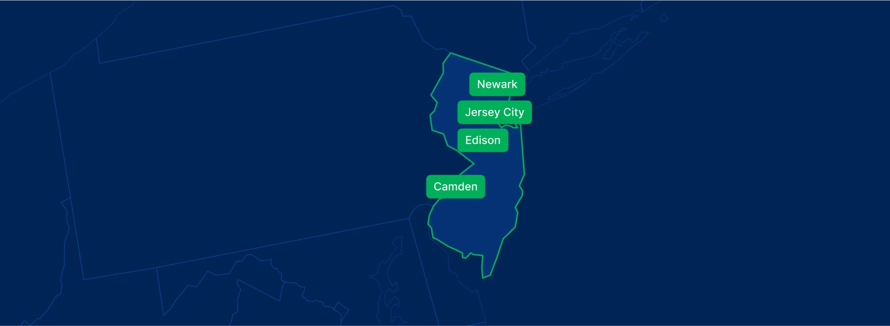 Display the New Jersey state on the map with highlighted cities – Newark, Jersey City, Edison, Camden.