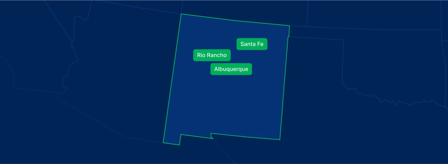 Display the New Mexico state on the map with highlighted cities – Albuquerque, Santa Fe and Rio Rancho.