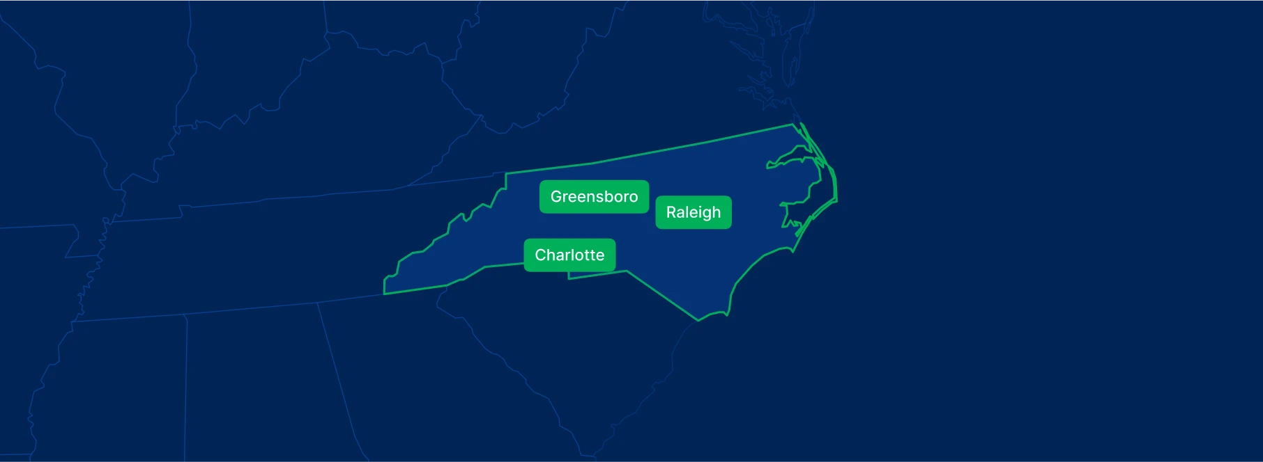 Display the North Carolina state on the map with highlighted cities – Charlotte, Raleigh and Greensboro.