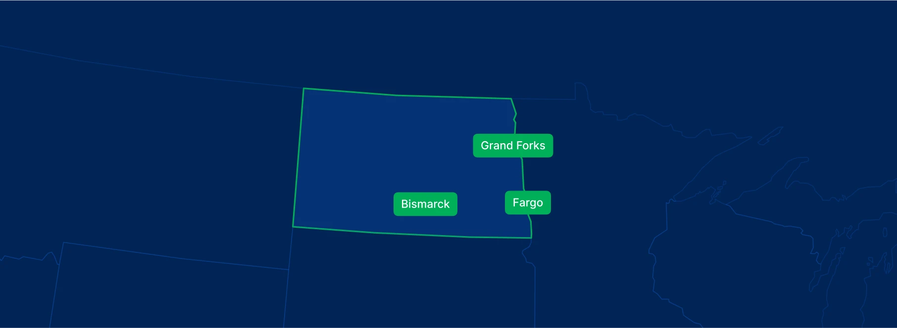 Display the North Dakota state on the map with highlighted cities – Fargo, Bismarck and Grand Forks.