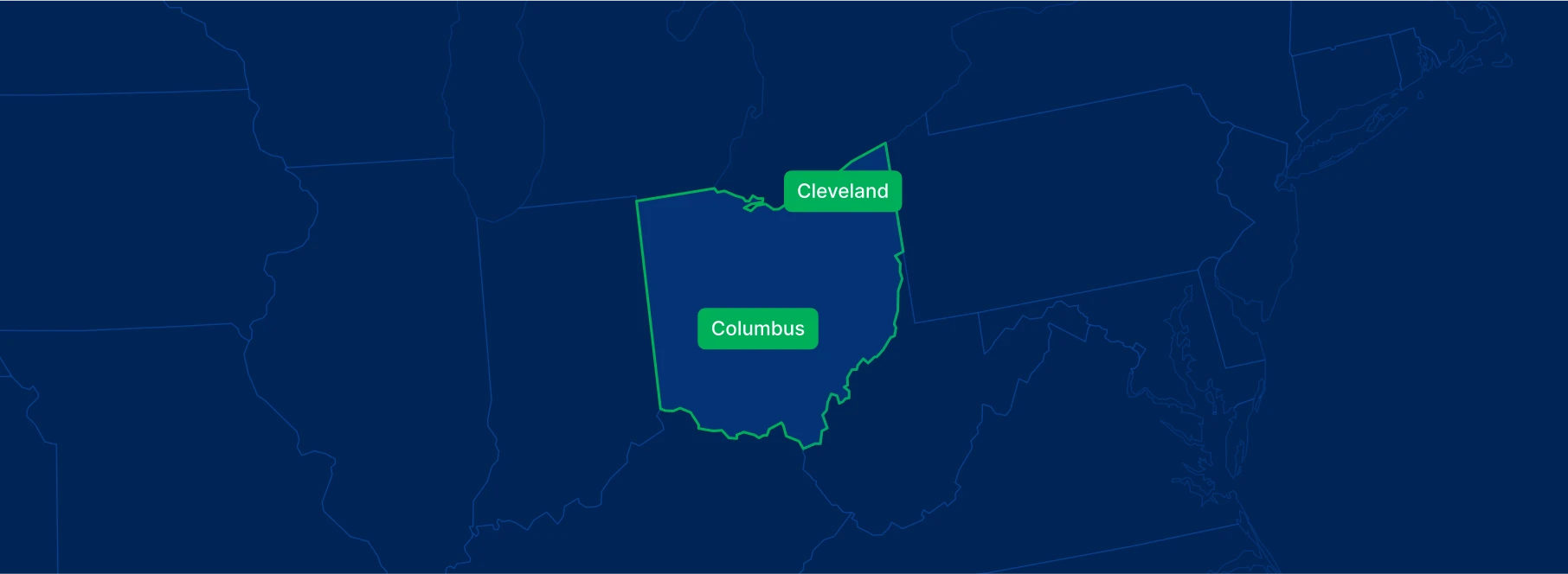 Display the Ohio state on the map with highlighted cities – Columbus and Cleveland.