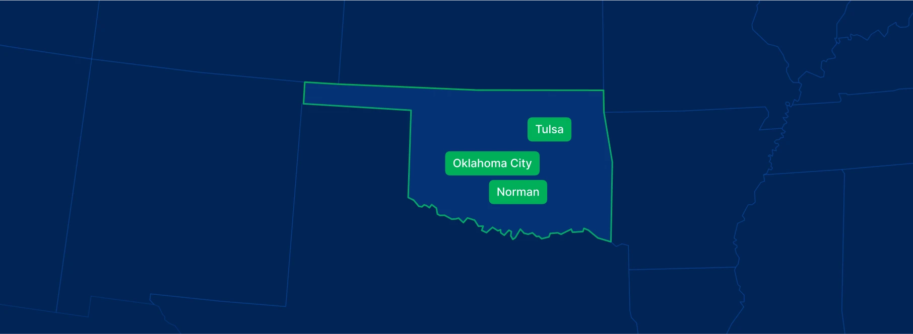 Display the Oklahoma state on the map with highlighted cities – Oklahoma City, Tulsa and Norman.