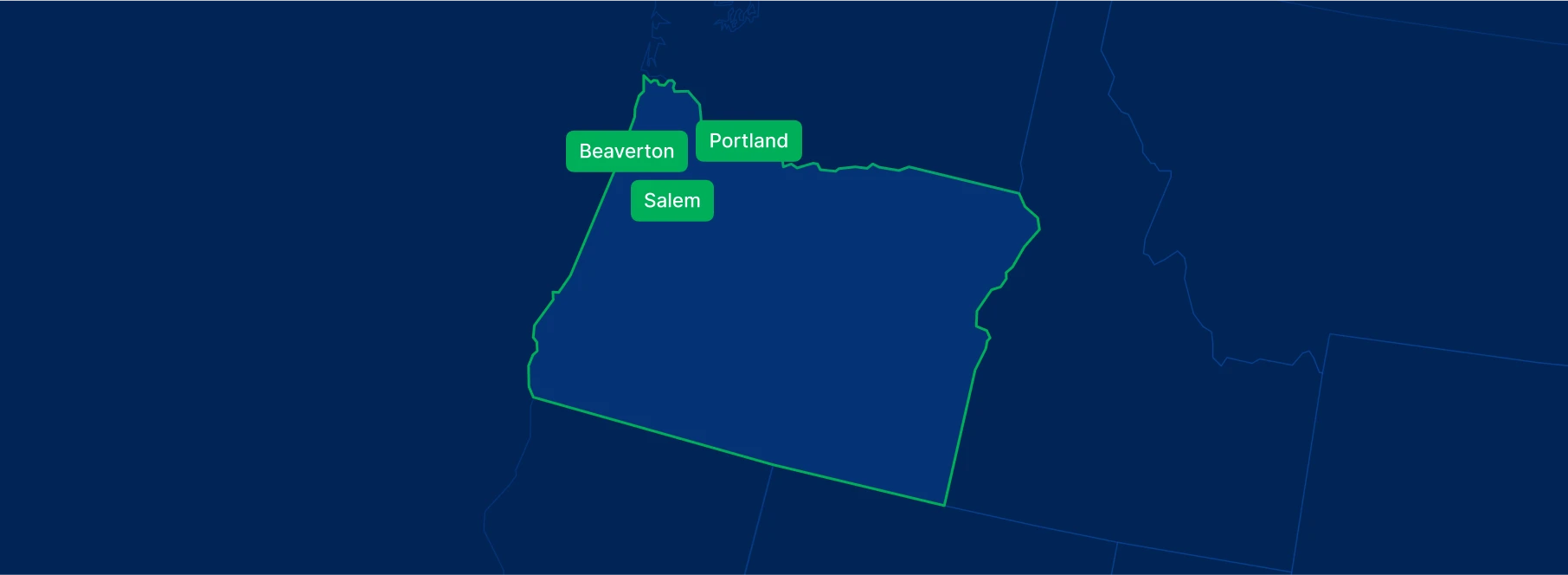 Display the Oregon state on the map with highlighted cities – Portland, Salem and Beaverton.